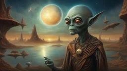 ancient mystic alien telling earth prophecy to mixed alien population realistic, photorealistic technological, art by , Esao Andrews Stefan Kostic, in the style of , Deviant art Star wars, natural lighting dusk, wise old , intricate details fine details trending on artstation reflections post-processing HDR