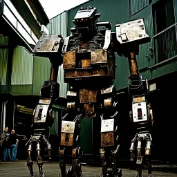 trash mech suit, human-sized, made of scrap metal, small,