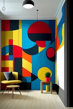 Create handpainted wall mural featuring a variety of bold and contrasting geometric shapes, embodying the spirit of Suprematist art. Use a vibrant color palette for a visually striking effect.