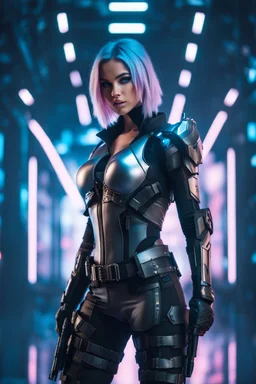 Full body image of a army cyberpunk cyborg beautiful super model girl,good body,lighting background