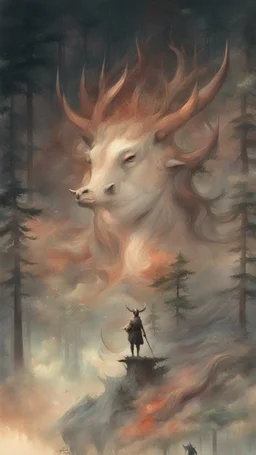 A bull or a horse with a wooden totem with spikes on it, in the middle of the forest. Opposite is a tree with a green-skinned man on it., by Ryohei Hase, Agnes Cecile, Raymond Swanland, Anne Bachelier