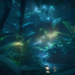 jungle at night, mysterious lights in background, photorealistic, unreal engine 5, masterpiece, trending on artstation