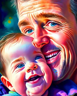 Papá feliz sonriente con su bebé mirándolo a los ojos felíz colores contrastantes obra de arte arte impresionista impactante detallado hiperrealista 8k coherente