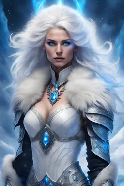 An awe-inspiring fantasy scene of a tall, mesmerizing voluptary woman in white battle armor with fur and plunging neckline, striking white hair, blue eyes, and adorned with intricate jewelry. She exudes confidence and power, surrounded by a potent blue aura. The backdrop is a snowing dramatic, polar aurora sky, setting the stage for an unforgettable epic adventure war