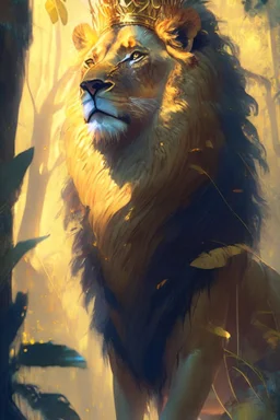 a lion with a crown, Regal, Majestic, Golden lighting, jungle background, Realistic, Detailed, Digital painting, art by alena aenami, Greg Rutkowski, alex konstad, trending on artstation.