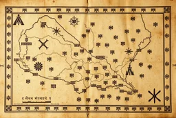 a scan of an ancient Cree Anishinaabe map, hand drawn been stained and weathered, Cree Syllabic symbols