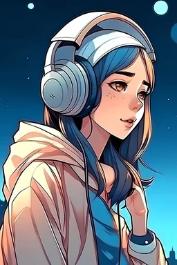 Arab beautiful teenager wearing headphones , looking to the moon, anime style