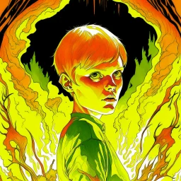 Shorthaired young Mia Farrow in "Rosemary's Baby" rocking crib in a surreal expansive hellish fiery demon infested background, cartoon Marvel Poster art, by Drew Struzan, by John Romita Jr., by Zdzislaw Beksinski, by Wes Benscoter, expansive, hyperdetailed, cinematic lighting, epic masterpiece, psychedelic 70's anime horror aesthetic.