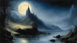 Style John Howe, calm beauty, night, moonlight, fantasy world, magic, LOTR, beautiful composition, exquisite detail, realistic, fascinating