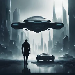 Ground level dark futuristic city scape. small amount of grey haze. Silhouette of a man. futuristic hover car in the foreground.