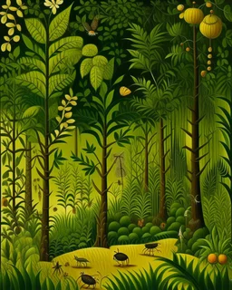 An olive green forest filled with insects designed in Navajo woven art painted by Henri Rousseau