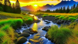 A view of breathtaking nature, at sunrise with a mountain stream and mountains in the background.