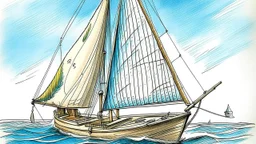 in the charming childish style of a 5 year old with scratchy penwork, a basic sloop, floating on water with the sail full of wind. Off to the side, the same boat mast is depicted, this time with the sail raised and tied up