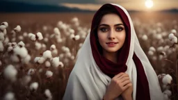 Hyper Realistic Close-up-view of a Beautiful-Young-Happy-Pashto-Woman-with-beautiful-eyes-Smiling with-white-dress-with-maroon-shawl & breeze-whirling in a cotton-field & cloudy-night-&-moonlight showing dramatic & cinematic ambiance