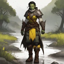 Griz the half-orc cleric with her leather boots in the mud. You recall her striking appearance: greenish skin marked with ritual scars, yellow eyes that burned with a rare intelligence. She was an outcast among her own kind, drawn to divine magic despite the taboos. Griz's yellow eyes follow your approach, her stance shifting subtly as you draw closer. The ritual scars on her arms pulse with a faint inner light.