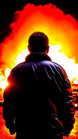 Man in a black bomber jacket, back to the camera, looking down a street, watching an explosion of fire and lights in front of him.