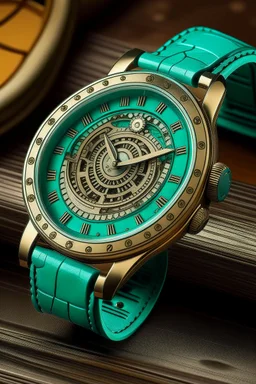 "Craft an image of a mid-journey scenario with a vintage turquoise watch band as a focal point. Infuse the scene with a stable.cog motif, blending the classic and the contemporary in a way that feels authentic and captivating."