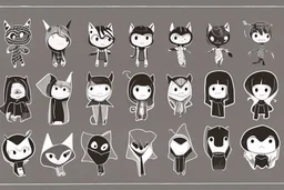 6 simple shaped hand drawn cartoon characters that are cute dark and have hoodies