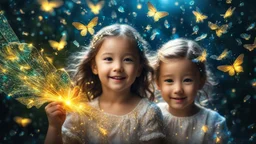 Magical Fantastic young happy children, Liquid Structure, Flying banknotes, fireflies, glow-worms, Splash, Portrait Photography, Fantasy Background, Intricate Patterns, Ultra Detailed, Luminous, Radiance, Ultra Realism, Complex Details, Intricate Details, 16k, HDR, High Quality, Trending On Artstation, Sharp Focus, Studio Photo, Intricate Details, Highly Detailed