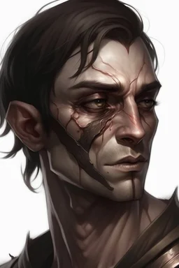 a dead half-elf, half of his face burned, a scar on his neck from an incision