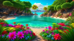 private tropical island, flowers, beach, gems, trending on artstation, sharp focus, studio photo, intricate details, highly detailed, gemstones decorating a lagoon