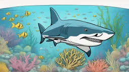 comic style, realistic coloring, underwater, coral reef, shark