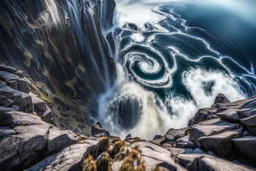 at the base of the rocky mountain peninsula, a great whirlpool waterfalls into deeper unknown depths