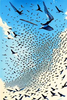 realistic drawing of a swarm of detailed swallows in the blue sky. look above from the ground, trees surrounding, swallows flying high.