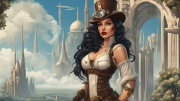 exotic sci-fi steampunk pin-up girl, with long dark hair, on a sci-fi planet with cloud trees, tall spires, buildings, bridges, arches