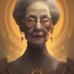 old lady character, ominous, waist up portrait, intricate, oil on canvas, masterpiece, expert, insanely detailed, 4k resolution, retroanime style, cute big circular reflective eyes, cinematic smooth, intricate detail , soft smooth lighting, soft pastel colors, painted Renaissance style