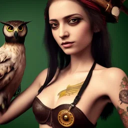 hyper realistic, young cute girl, short black air, green eyes, holding a owl, black batterfly tatoo on arm, dressed a steampunk pirate, bra with carved leather, ships in background, salvador dalì style. high details. 4k, unreal engine