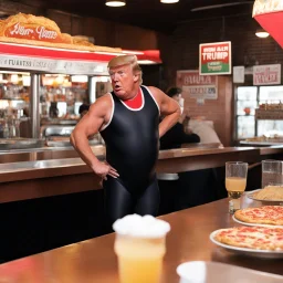Donald Trump wearing a leotard in a pizzeria
