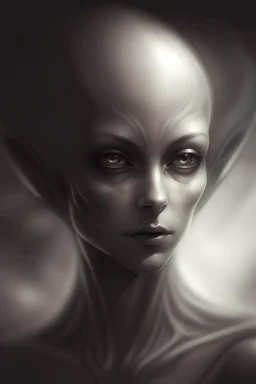 Matte finish, Concept art, Hyper Realistic Sketch, Art style of Anna Nikonova, Minimalist masterpiece, Extraterrestial cosmic being, Dark outlines, Eyes in Sharp Focus, Matte tones, Portrait, Sharp, Background out of focus, Sepia Tones or Grayscale