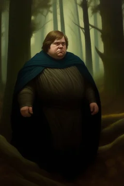 1970's dark fantasy cover dnd style oil painting of obese fat luke skywalker into the woods with minimalist far perspective