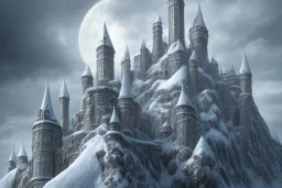 fortress like minas tirith on the side of a singular snowy mountain with a single tiny man standing infront of it in dark fantasy style with dark sky