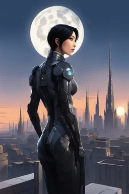 A slim Woman With Black Hair, Wearing an android-looking suit, standing sideways On a ledge of a building, with a waning moon Behind Her Head, towering spires and buildings highlighted by the setting sun