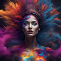 A insanely beautiful woman emerging from a high quality, 8K Ultra HD, highly detailed, colorful color splash like bursting gigantic, magnified plumes of ink in a very dim and dark mystical roomy area with swirling winds of divine