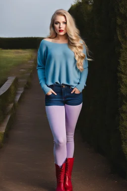 beautiful 18 year old girl with ash blonde hair and blue eyes with her curvy hair down, wearing a long-sleeved woollen top, and lilac long leggings, with long red boots full body shot