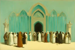 a group of people outside a gothic_arab glass gate in a turquoise wall by artist "Richard Dadd"