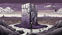 a nonbinary human figure stands inner an giant block of stone consisting of several layers outside around weird landscape with city in the distance, sharp lines, fade pale eyes, fade human figures in city, dark purple, gray, black, white, brown. Whimsical style and surreal vibe, lonely with absurd broken land, neuron network background, surreal nightmare vibe