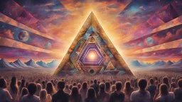 Triangles in the sky with esoteric influence and sublime diamonds, with uk rave graffiti scene crowd and beautiful girls being hypnotized by the golden dawn