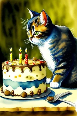 A cute cat is having a birthday cake. Watercolour