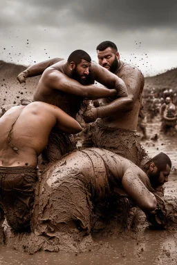 wide angle photography of two 29 years old marocan burly chubby mud men fighting in the mud, short hair, beards, manly chest, bullneck , photorealistic , view from the ground