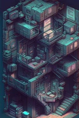 escher style in game asset house anime cyberpunk style