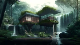 modern house by a big water falls in a karstic rain forest