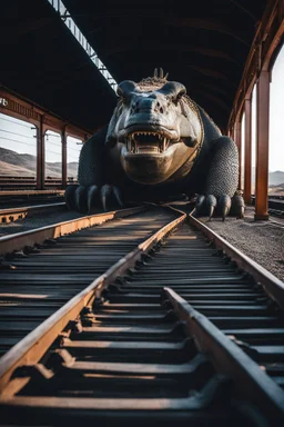A giant creature looks like big food laying on a train train cargo .it is tied up to the train with. Lot of iron chains , no roof on the train