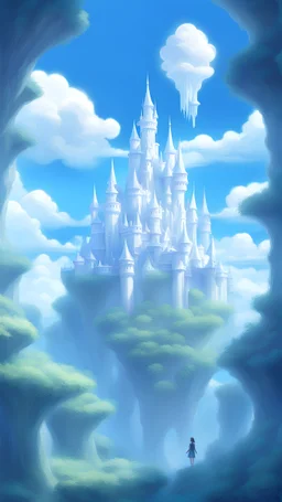 Castle in the Sky Forest Arbesque Avatar Fantasy White Clouds Fairy Tale HD Clear Delicate White Blue, 8K 8k 优雅的 美丽的 数字绘画 高细节 幻想 电影灯光 错综复杂 美妙的景色 亚克力艺术 很有魅力 超现实 幻想之城风格 层次感 高质量 高分辨率 品质清脆 摄影风格 大景深