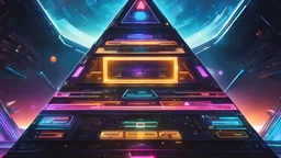 (a surreal colorful robot face smiling in the corner of the image:1.2),a sci-fi pyramid spaceship, ui hud of small text,