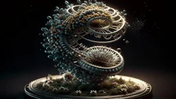 A genetically engineered plant emerges from a mesmerizing spiral, inspired by E. T. A. Hoffmann. This intricate 3D render depicts a fusion of primitivism and biochemistry, showcasing a fascinating blend of RNA bioweapons, xenobiology, and the morphing DNA helix. The image portrays a bioorganic concept of a mechanically evolved life form, born out of DNA experiments.