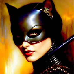 portrait beautiful face CatWoman,busty,ancient metal armor balanciaga fashion clothe painting by gaston bussiere, greg rutkowski, yoji shinkawa, yoshitaka amano, tsutomu nihei, donato giancola, tim hildebrandt, oil on canvas, cinematic composition, extreme detail,fit full head inside picture,16k